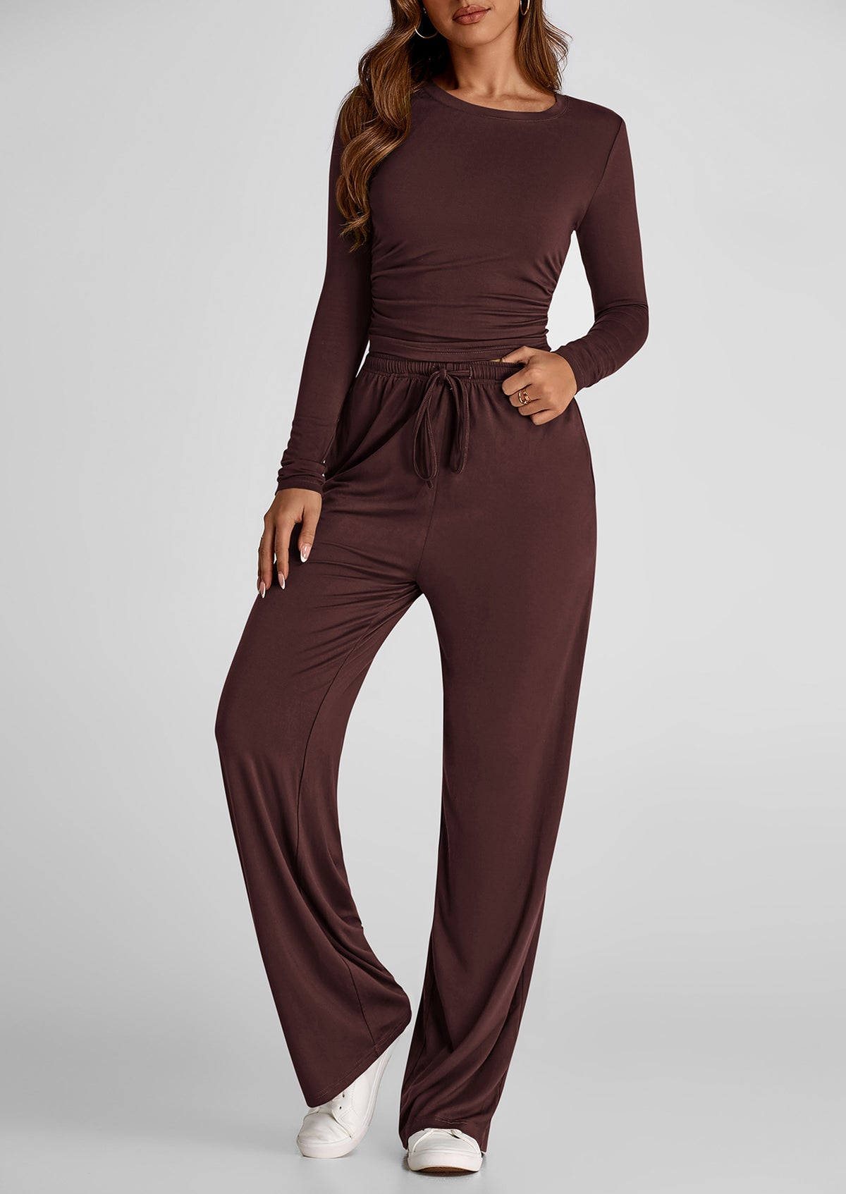 Long Sleeve Crop Tee Wide Leg Pants Two Piece Sets