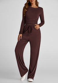 Long Sleeve Crop Tee Wide Leg Pants Two Piece Sets