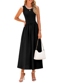 Casual Sleeveless Striped Ribbed Knit Long Dresses Beach Vacation Sundress