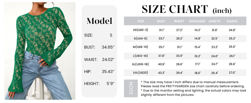 PRETTYGARDEN Womens Lace Long Bell Sleeve Tops Fall Sexy See Through Sheer Floral Blouse Shirt Fitted Going Out Outfits