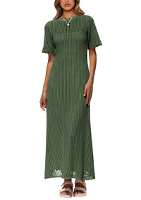 Eyelet Beach Vacation Resort Short Sleeve Hollow Out Dress Cover Up Maxi Dresses