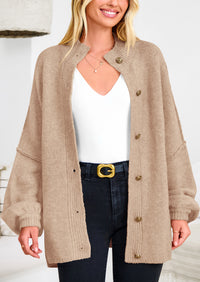 PRETTYGARDEN Women's Winter Button Down Cardigan Sweaters Mock Neck Lantern Long Sleeve Chunky Knit Jacket Trendy Outerwear