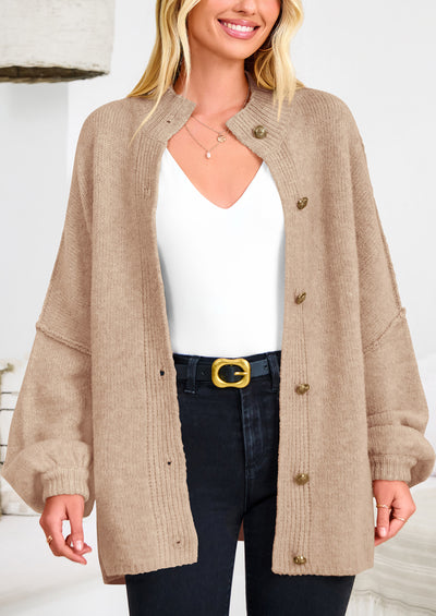 PRETTYGARDEN Women's Winter Button Down Cardigan Sweaters Mock Neck Lantern Long Sleeve Chunky Knit Jacket Trendy Outerwear