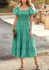 Casual Short Sleeved Square Neck Layered Pleated Dress