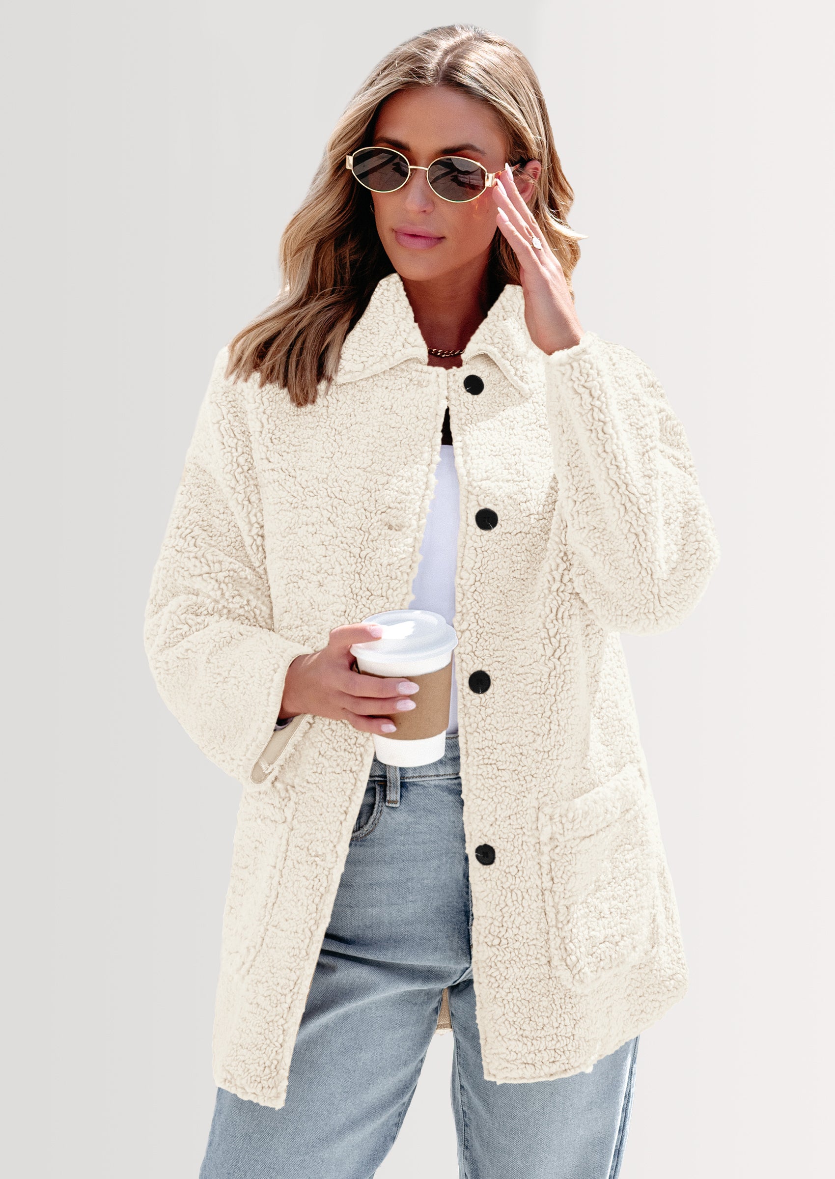 PRETTYGARDEN Women's Winter Faux Fur Coats Long Sleeve Lapel Button Down Pockets Fleece Sherpa Jacket Casual Trendy Outerwear