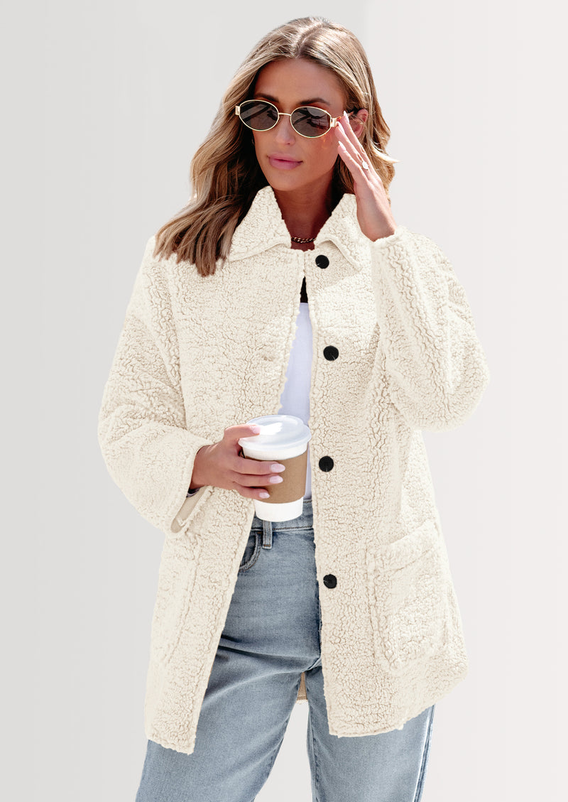 PRETTYGARDEN Women's Winter Faux Fur Coats Long Sleeve Lapel Button Down Pockets Fleece Sherpa Jacket Casual Trendy Outerwear