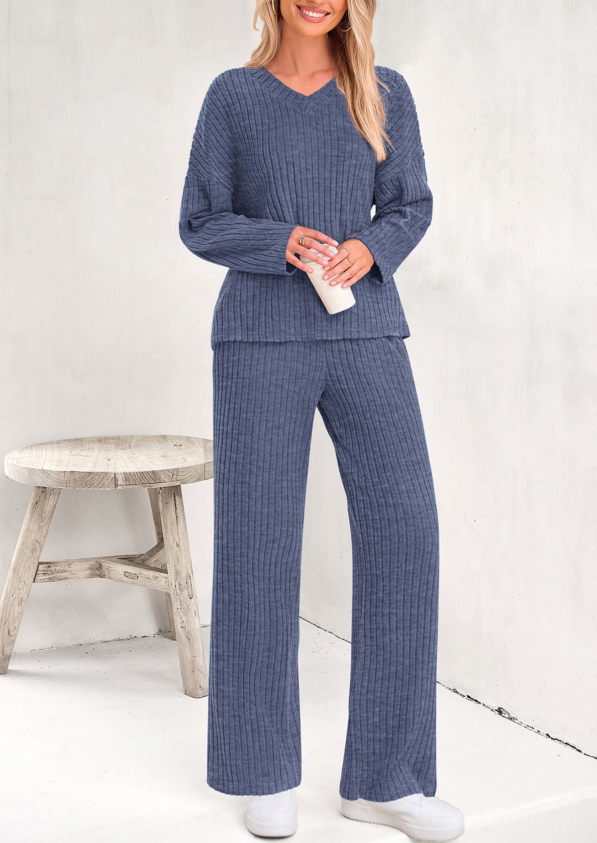 Knitted Long Sleeved V-Neck Pullover, Wide Leg Long Pants Two-Piece Set