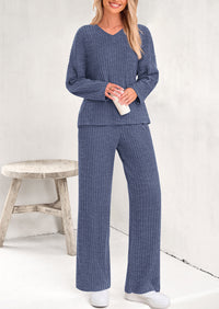 Knitted Long Sleeved V-Neck Pullover, Wide Leg Long Pants Two-Piece Set