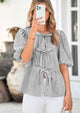 Striped Round Neck Front, Lace Up Bubble Sleeves Tops