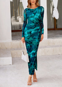 Floral Print Long Sleeve Tight Fitted Ruched Bodycon Maxi Dresses