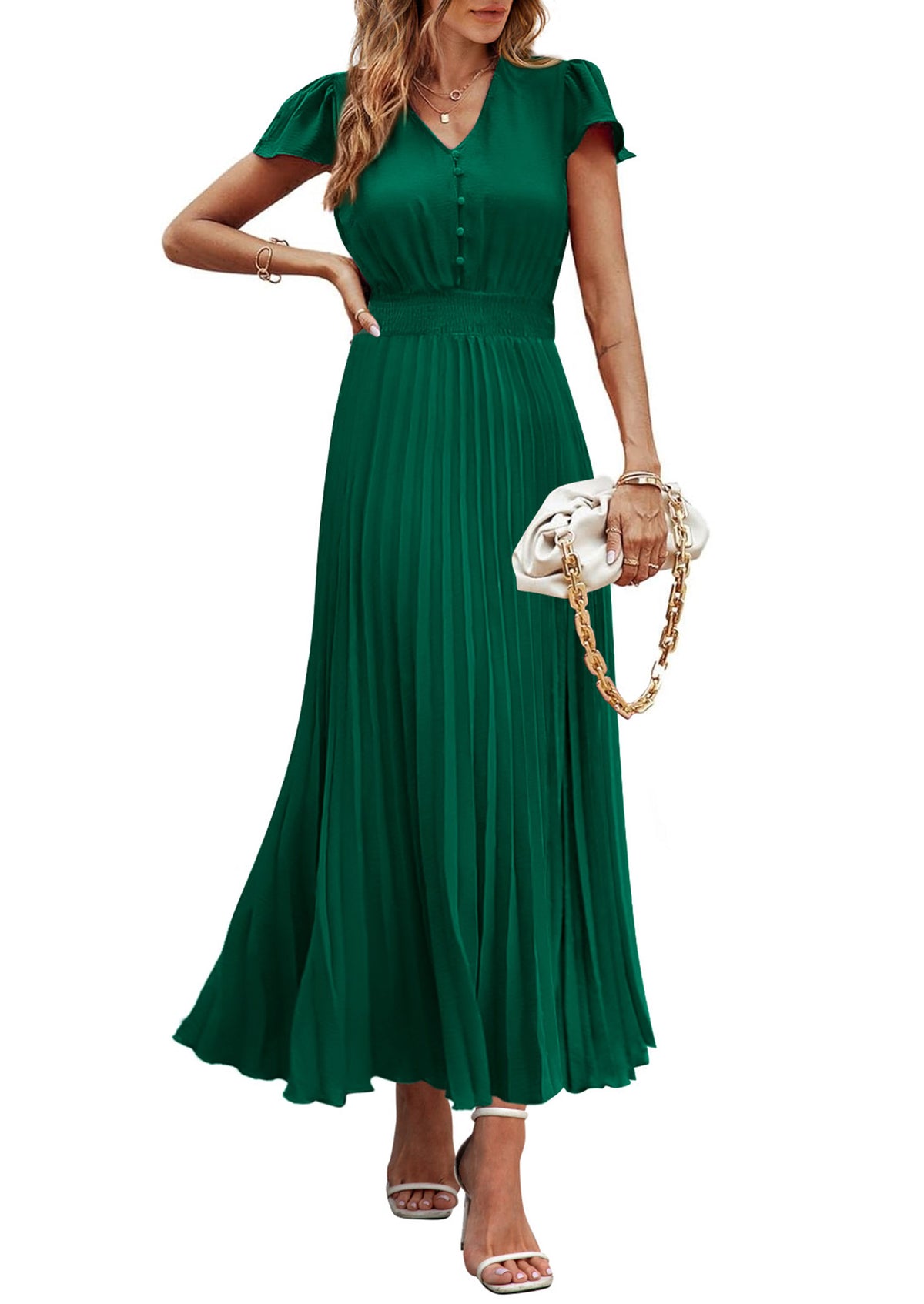 Casual Button V Neck Ruffle Cap Sleeve Long Flowy Pleated Maxi Dresses