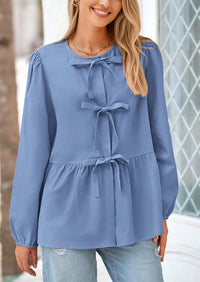 PRETTYGARDEN Women's Spring Fall Babydoll Peplum Blouse Shirt Puff Long Sleeve Bow Tie Front Trendy Cute Y2K Going Out Tops