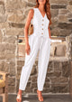 Cotton Deep V Neck Button Front Cropped Vest Pants With Pockets Two Piece Sets