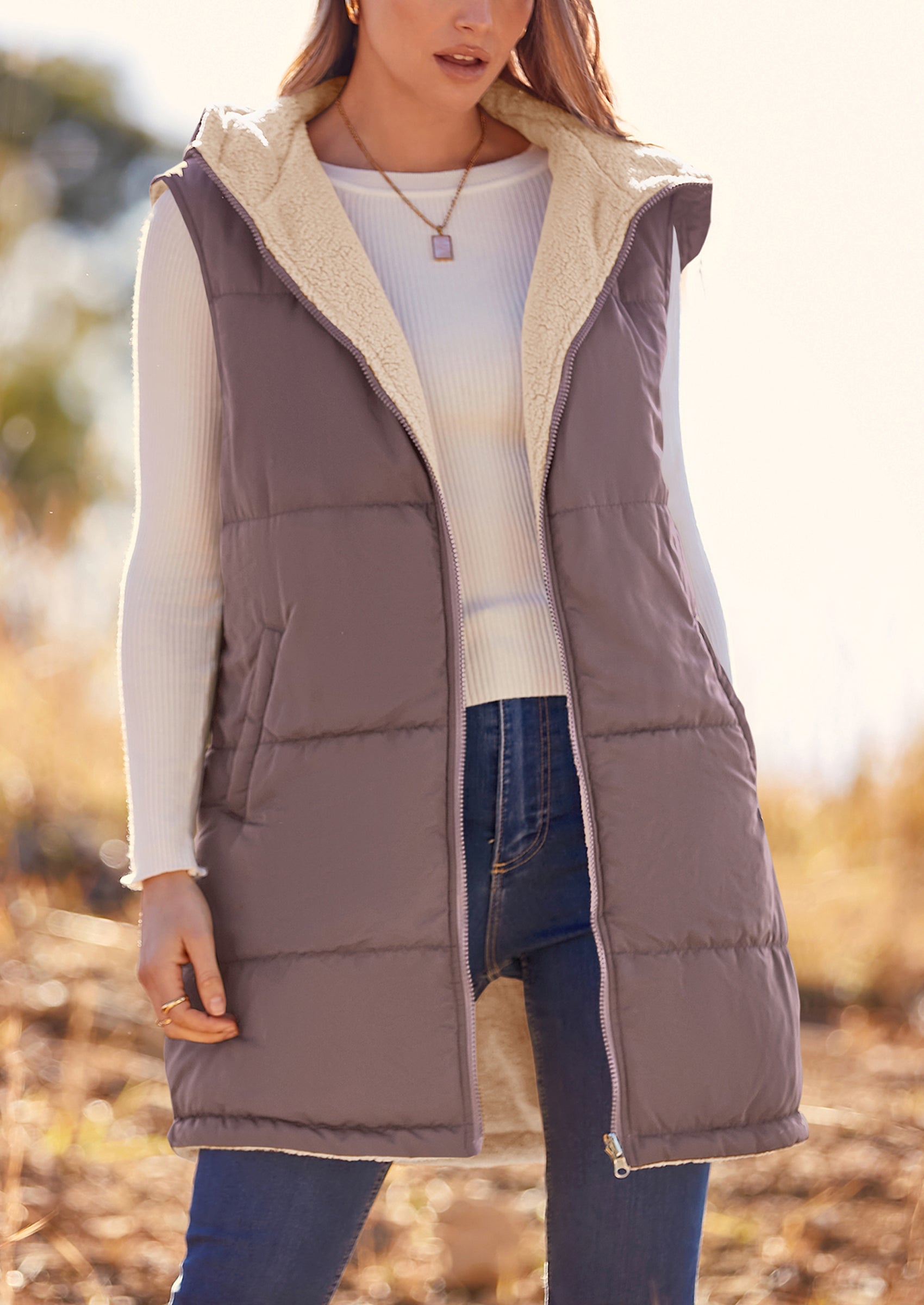 PRETTYGARDEN Womens Fall Reversible Vests Sleeveless Fleece Jacket Zip Up Hoodie Pockets Long Warm Winter Coat Outerwear