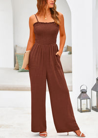 Linen Smocked Spaghetti Strap Pockets Wide Leg Jumpsuits