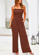 Linen Smocked Spaghetti Strap Pockets Wide Leg Jumpsuits