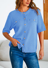 Button Down Casual Short Sleeve Crew Neck Ribbed Knit Shirts
