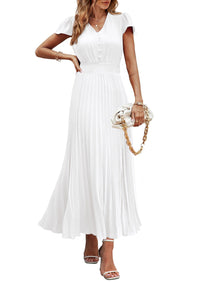 Casual Button V Neck Ruffle Cap Sleeve Long Flowy Pleated Maxi Dresses
