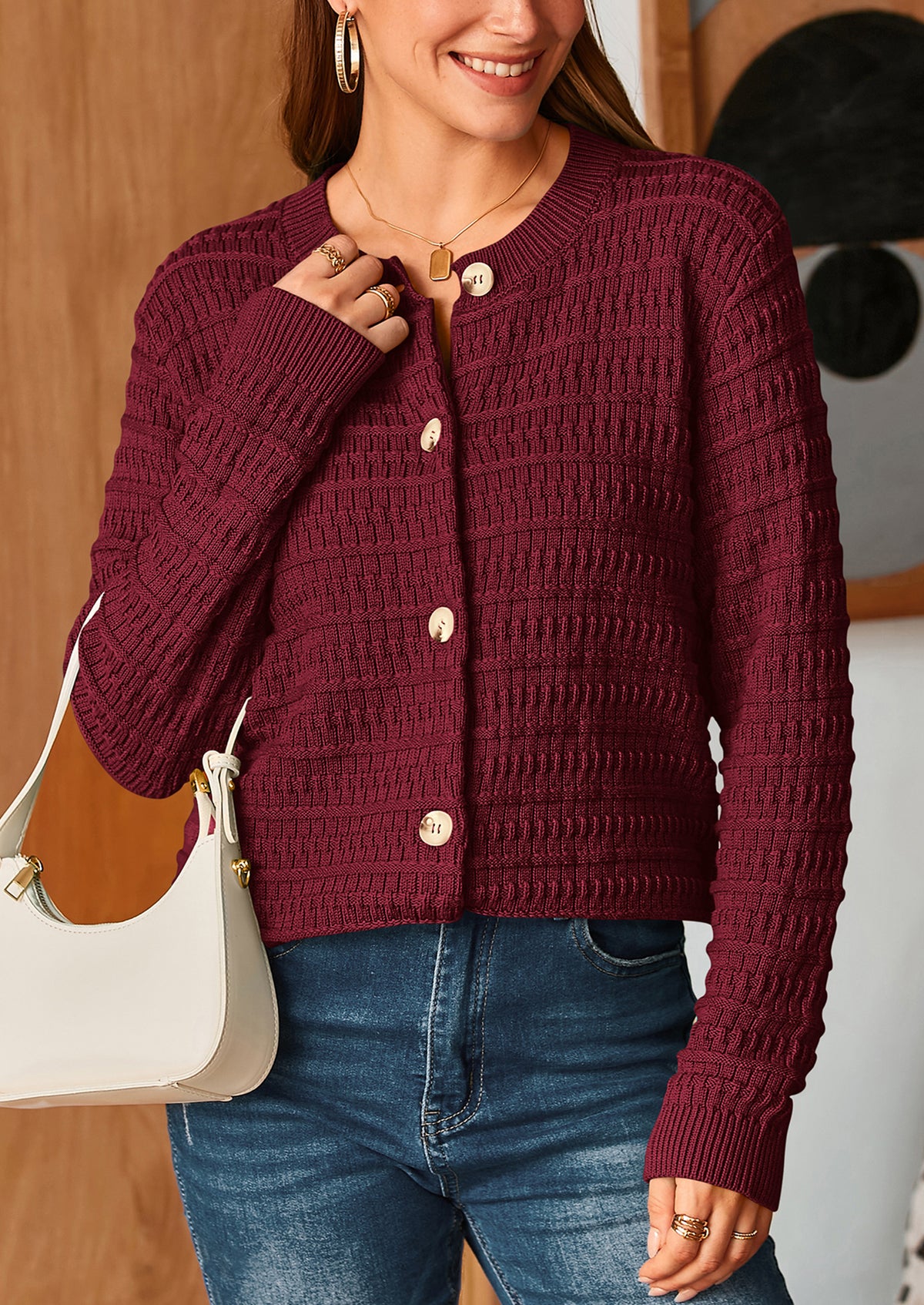 Knit Cardigan Long Sleeve Open Front Button Down Jacket