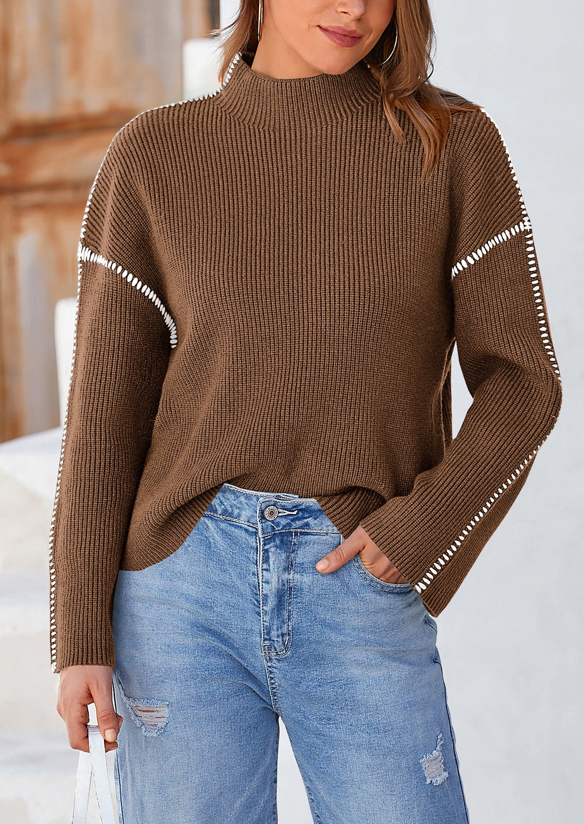 Chunky Knit  Casual Long Sleeve Mock Neck Oversized Loose Sweaters