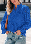 Puff Long Sleeve Button V Neck Hollow Out Lace Embroidered Casual Pullover Blouses