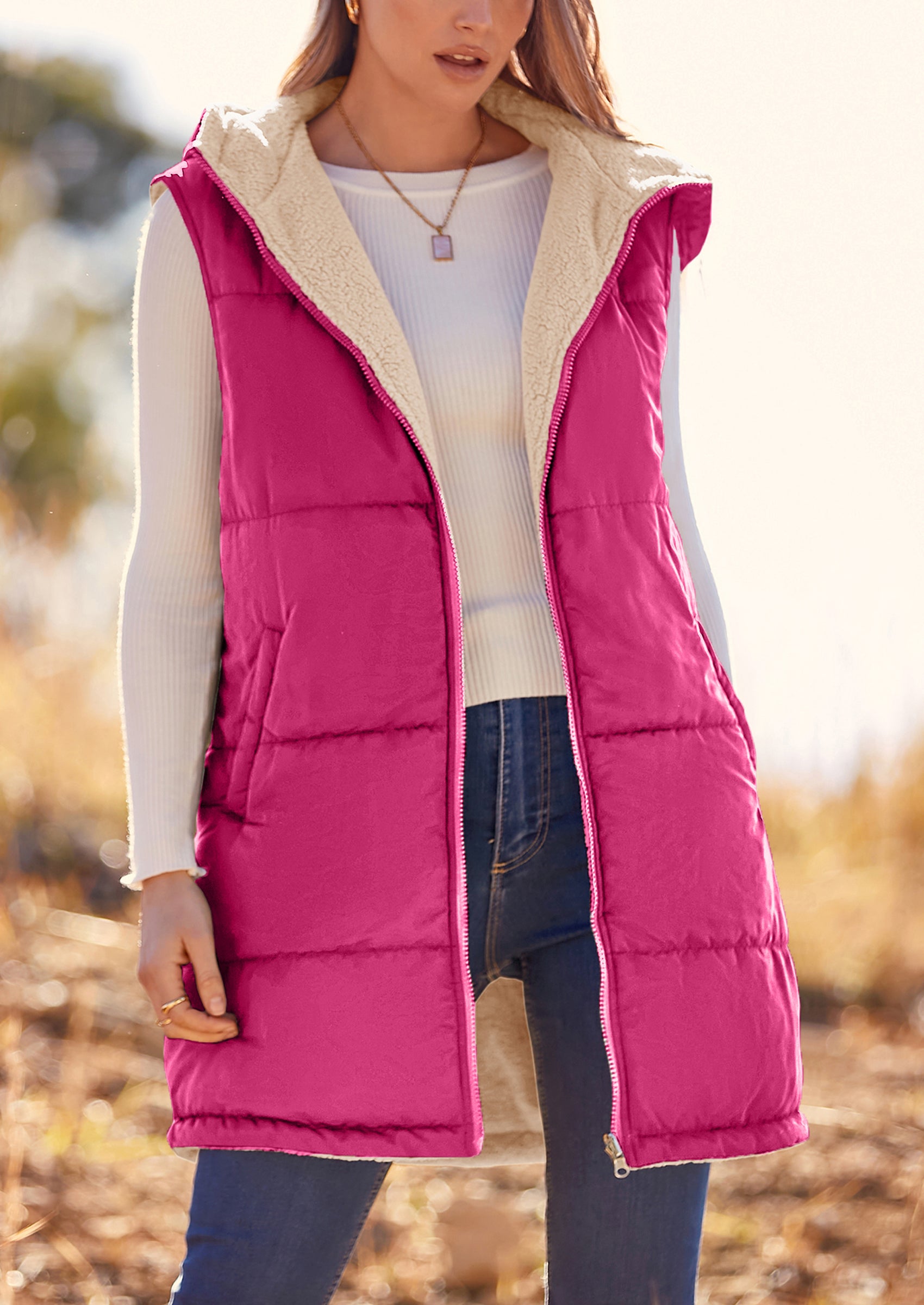 PRETTYGARDEN Womens Fall Reversible Vests Sleeveless Fleece Jacket Zip Up Hoodie Pockets Long Warm Winter Coat Outerwear