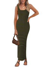 Casual Sleeveless Striped Ribbed Knit Beach Vacation Sundress Tank Midi Dress