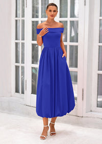 PRETTYGARDEN Womens Summer Off Shoulder Sleeveless Midi Dress Cocktail A Line Flowy Wedding Guest Dresses with Pockets