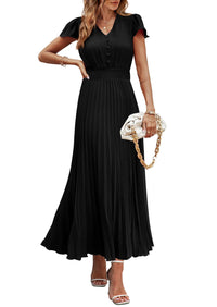 Casual Button V Neck Ruffle Cap Sleeve Long Flowy Pleated Maxi Dresses