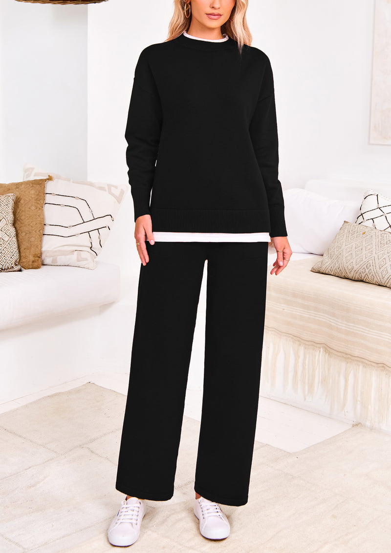 PRETTYGARDEN Two Piece Matching Sweater Lounge Sets Knit Long Sleeve Pullover Tops Wide Leg Pants