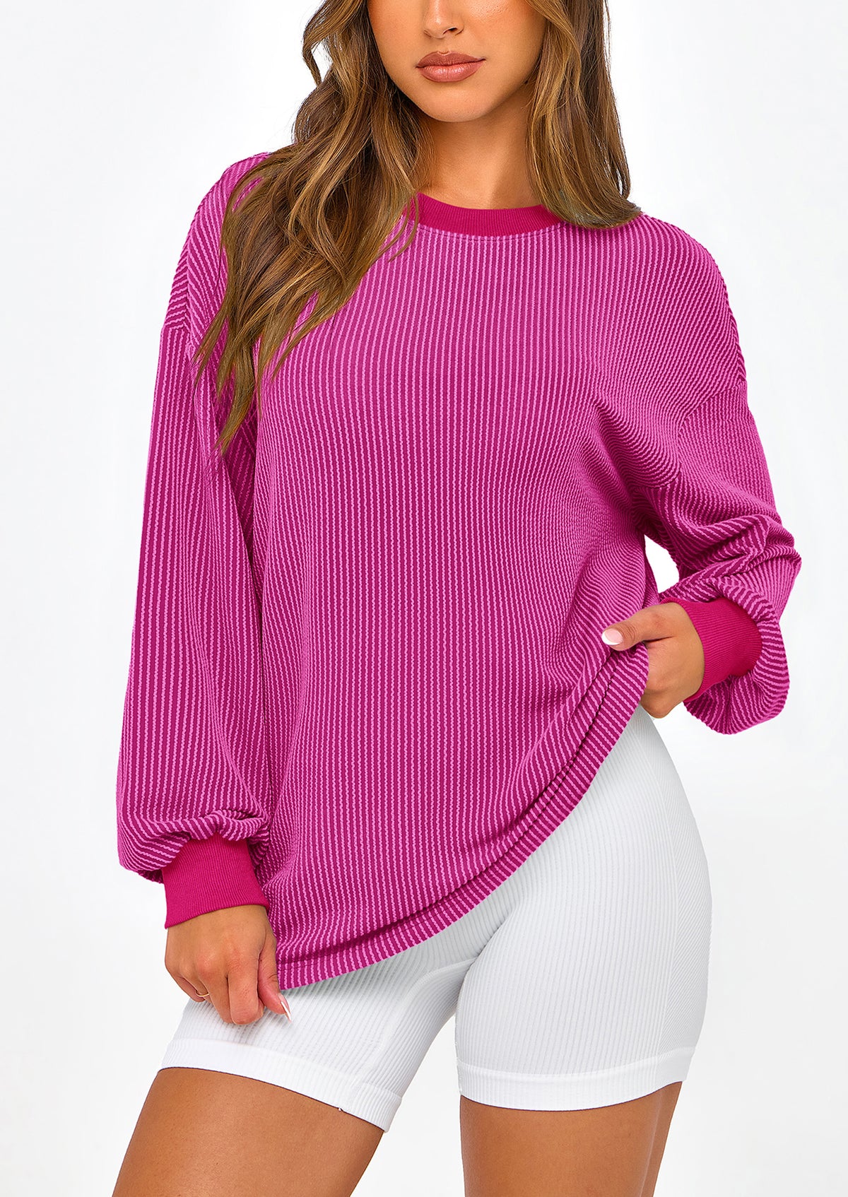 Long Sleeve Casual Loose Crew Neck Ribbed Blouse