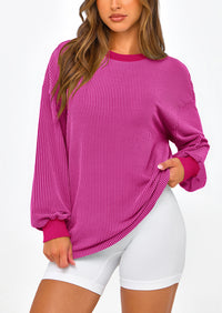 Long Sleeve Casual Loose Crew Neck Ribbed Blouse