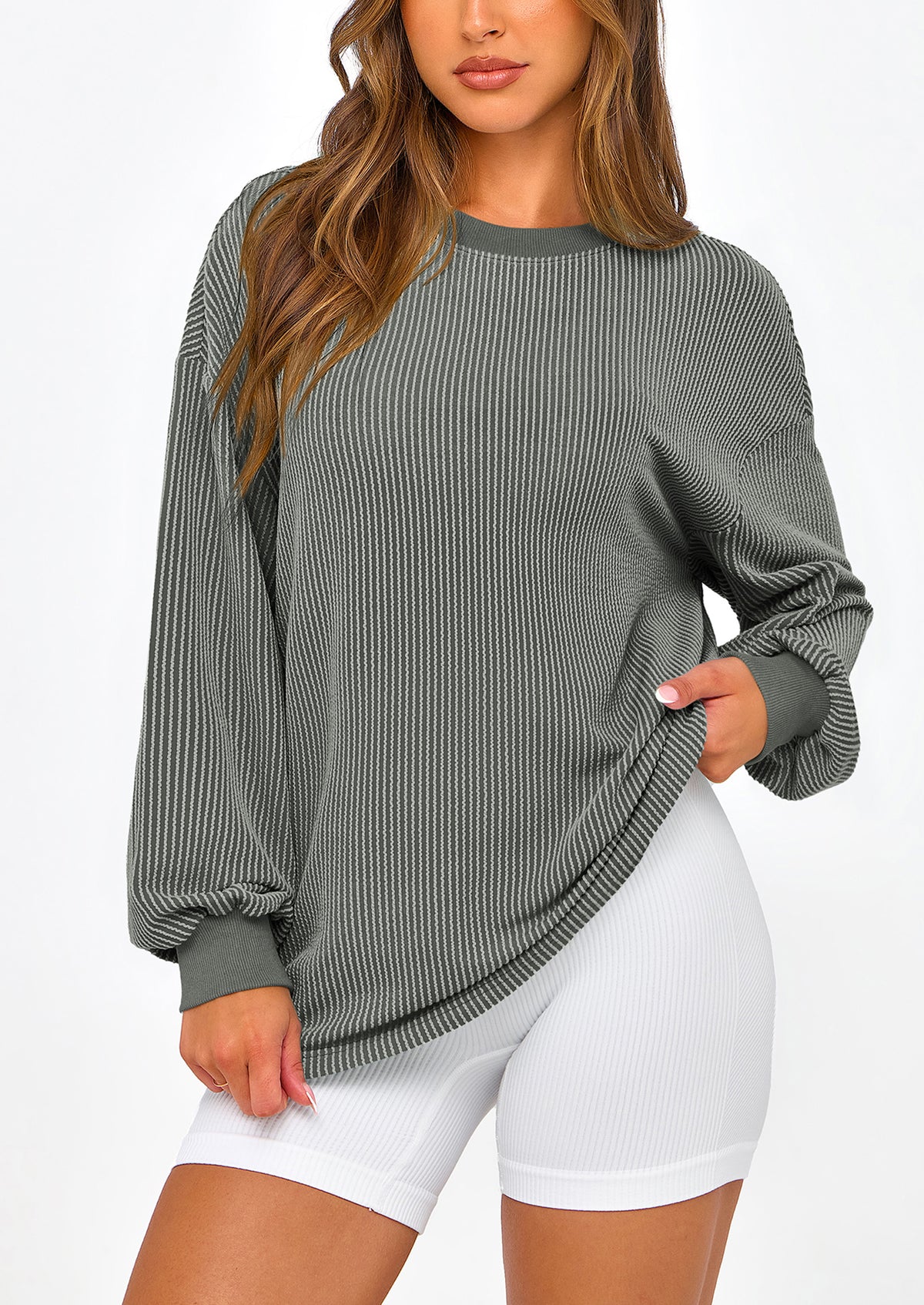Long Sleeve Casual Loose Crew Neck Ribbed Blouse