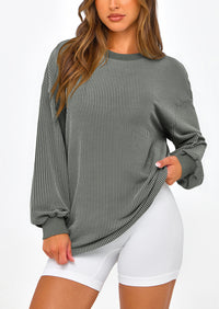 Long Sleeve Casual Loose Crew Neck Ribbed Blouse