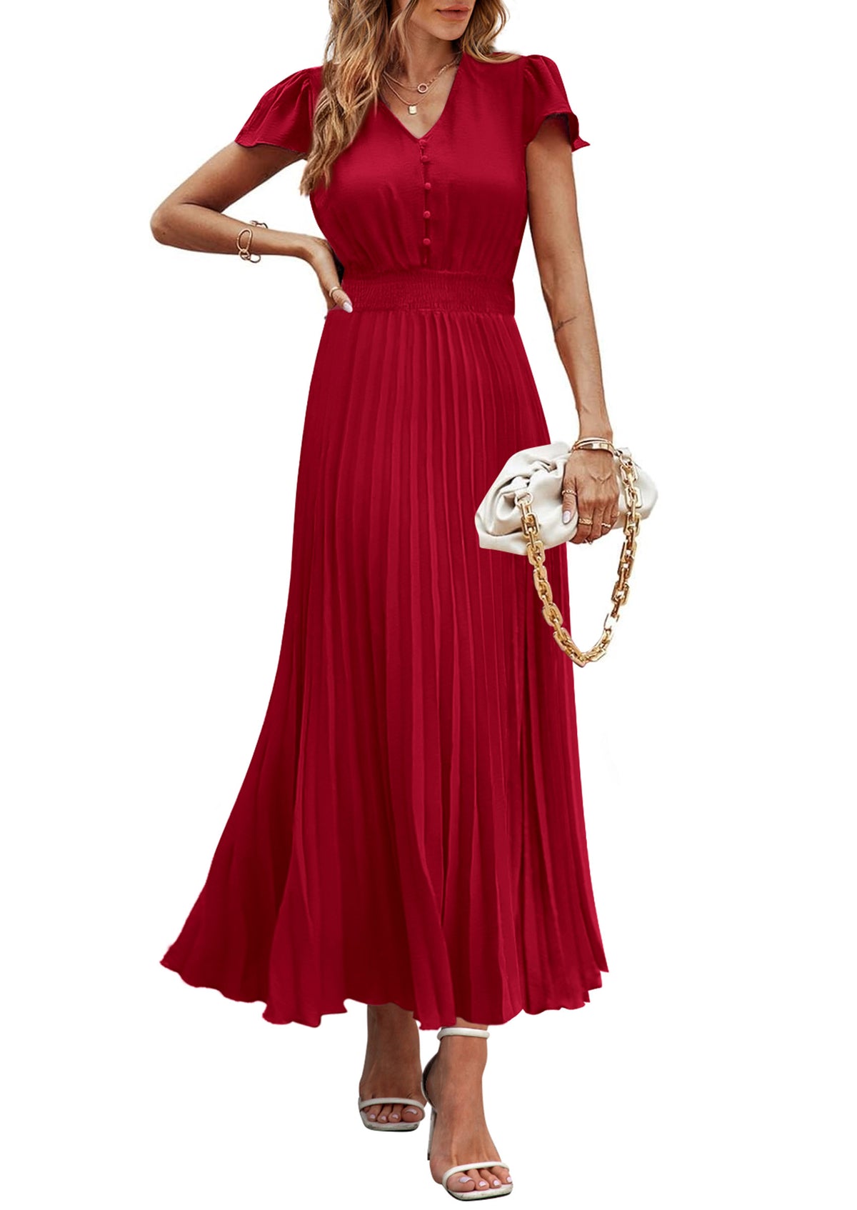 Casual Button V Neck Ruffle Cap Sleeve Long Flowy Pleated Maxi Dresses