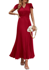 Casual Button V Neck Ruffle Cap Sleeve Long Flowy Pleated Maxi Dresses