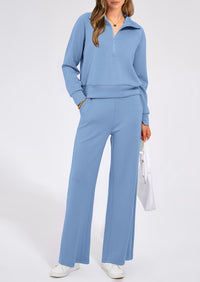 Flip Collar Half Zip Top And Wide Leg Pants Casual Two-Piece Set