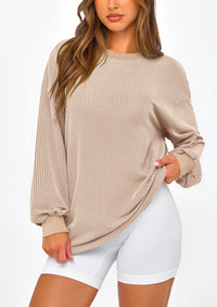 Long Sleeve Casual Loose Crew Neck Ribbed Blouse