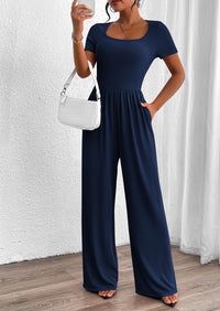 Casual Short Sleeve Square Neck Wide Leg Jumpsuits