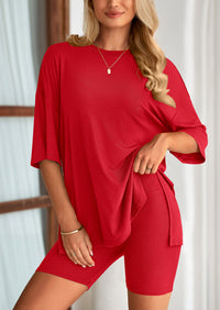 Casual Short Sleeved Round Neck Top Paired With Shorts Two-Piece Set