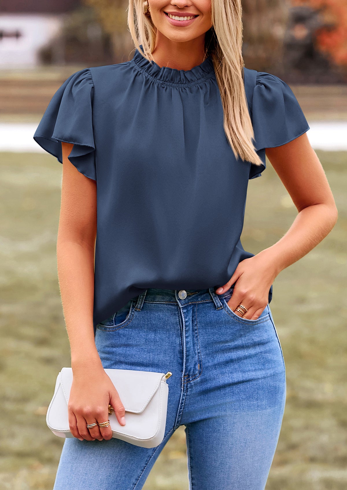 Satin Dressy Casual Ruffle Short Sleeve Crew Neck Work Party Blouses