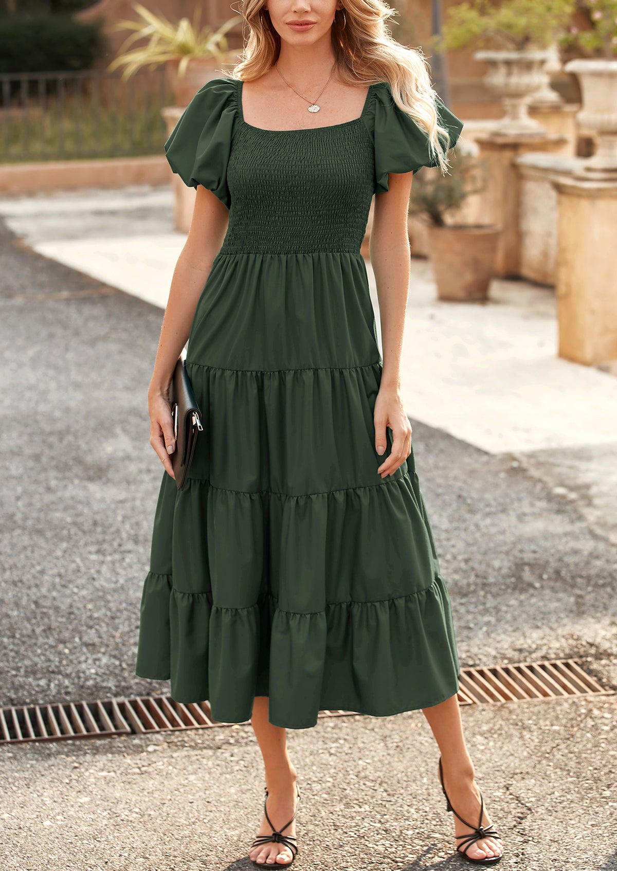 Casual Short Sleeved Square Neck Layered Pleated Dress