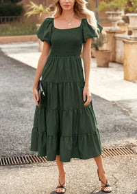 Casual Short Sleeved Square Neck Layered Pleated Dress