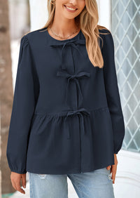 PRETTYGARDEN Women's Spring Fall Babydoll Peplum Blouse Shirt Puff Long Sleeve Bow Tie Front Trendy Cute Y2K Going Out Tops