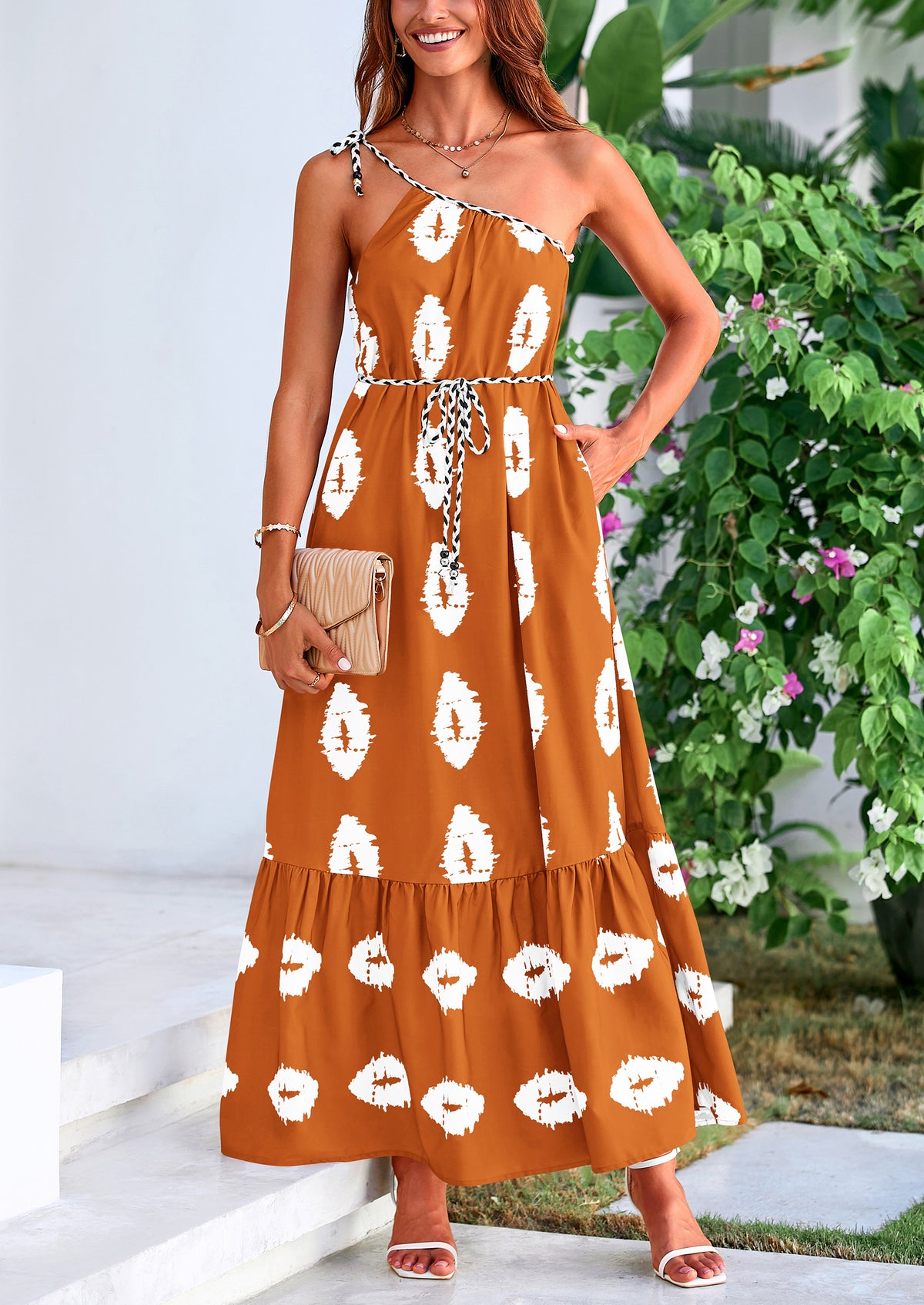 One Shoulder Spaghetti Strap Printed A Line Flowy Boho Maxi Long Sundress
