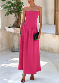 Strapless Patchwork Long Flowy Elegant Tube Top Maxi Dresses with Pockets