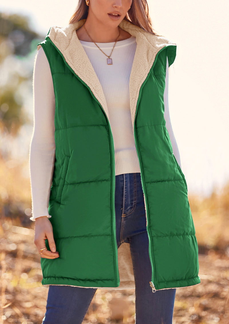 PRETTYGARDEN Womens Fall Reversible Vests Sleeveless Fleece Jacket Zip Up Hoodie Pockets Long Warm Winter Coat Outerwear