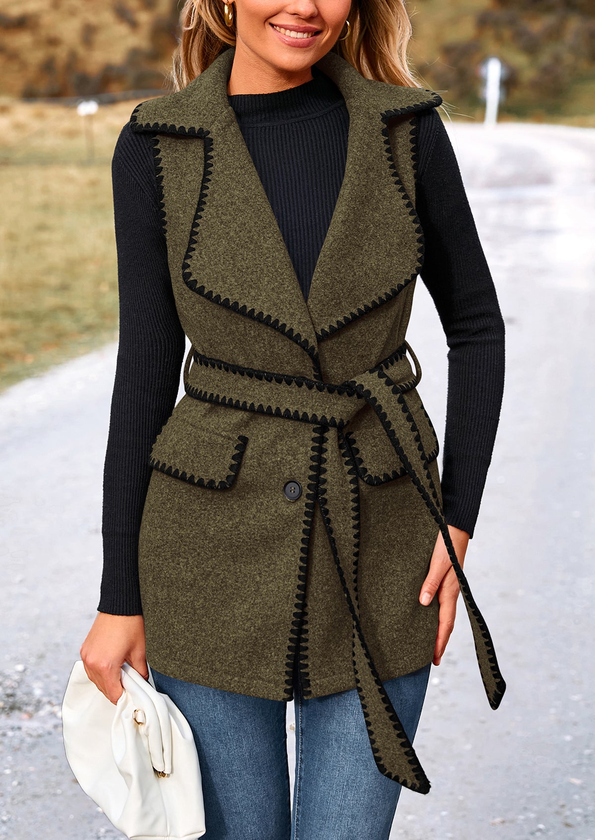 Tweed Sleeveless Lapel Button Front Belt Color Block Vest Jackets