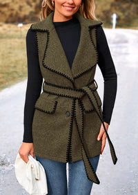 Tweed Sleeveless Lapel Button Front Belt Color Block Vest Jackets