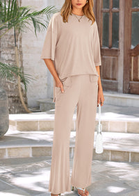 Short Sleeve Pullover Tops And Wide Leg Pants Two Piece Sets
